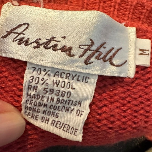 90's Austin Hill Wool Blend Sweater Womens Medium Red Crew Neck Abstract Vintage - Picture 4 of 8